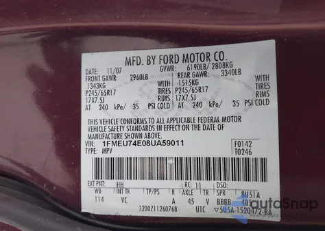 2008 Ford Explorer Eddie Bauer from USA, damaged, VIN 1FMEU74E08UA59011